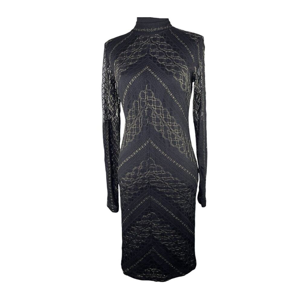 Goth Black Gold‎ Body Con Dress Lined Long Sheer Sleeves Witchy  Sz 4